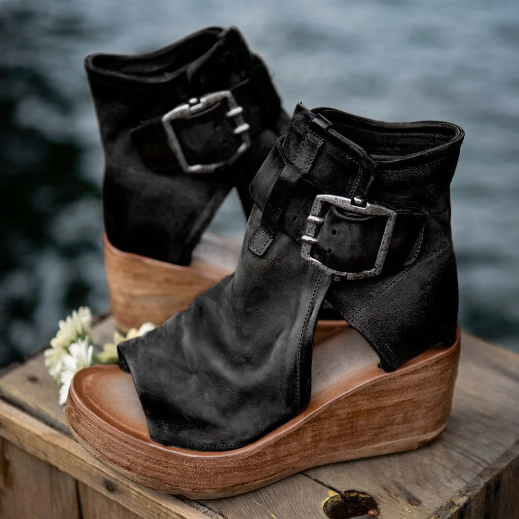 Buckle Wedge High Heel Solid Peep Open Toe Casual Sandals