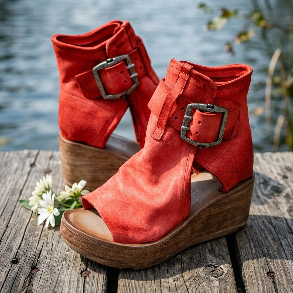 Buckle Wedge High Heel Solid Peep Open Toe Casual Sandals