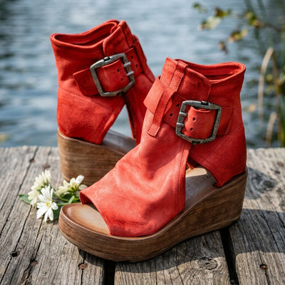 Buckle Wedge High Heel Solid Peep Open Toe Casual Sandals