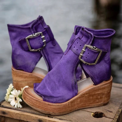 Buckle Wedge High Heel Solid Peep Open Toe Casual Sandals